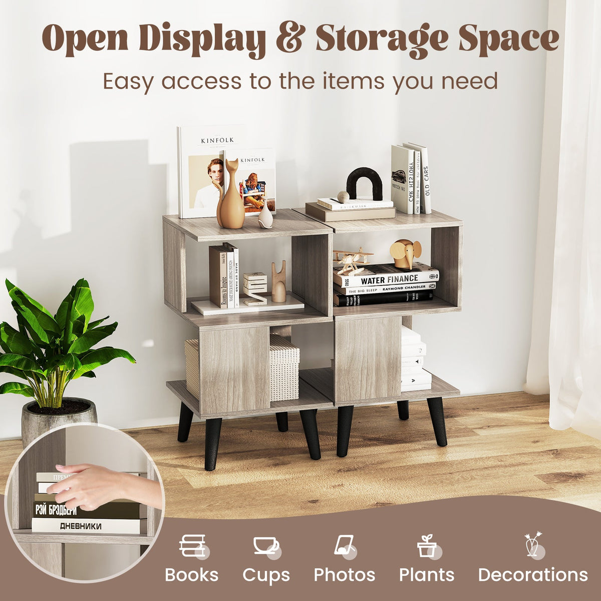 3-Tier Geometric Bookshelf Set of 2 with Open Storage Shelves
