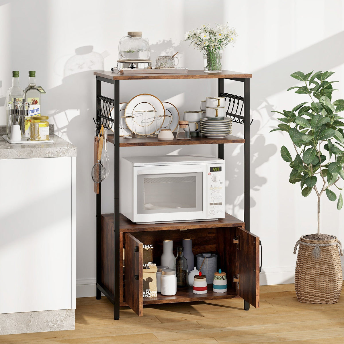 3-Tier Kitchen Baker’s Rack with Cabinet and 2 Open Shelves-Brown