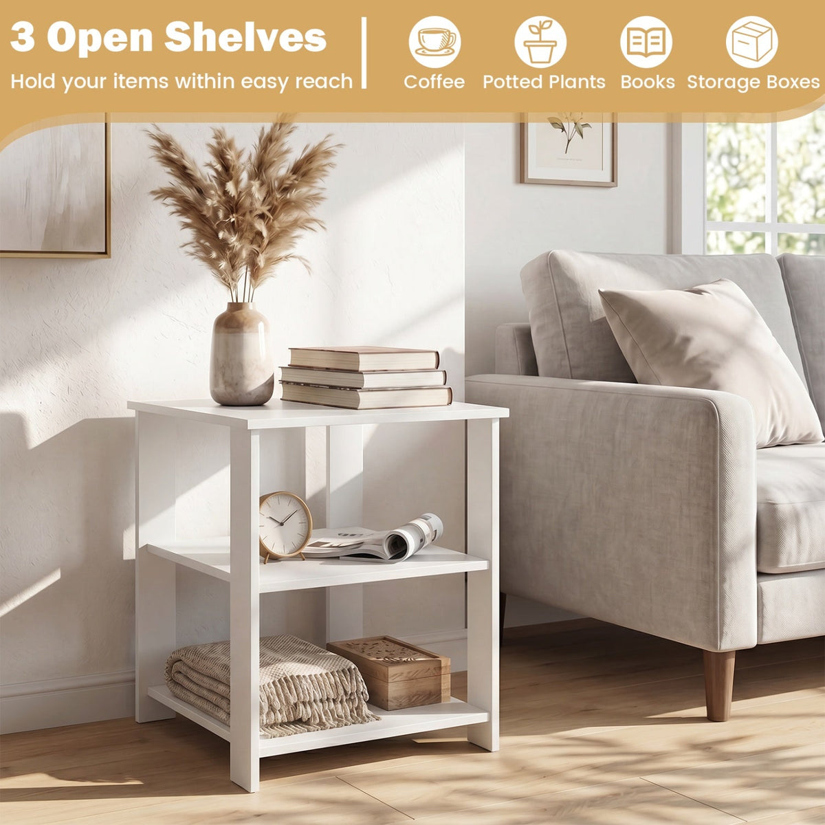 3-Tier Square Side Table with Open Storage Shelves