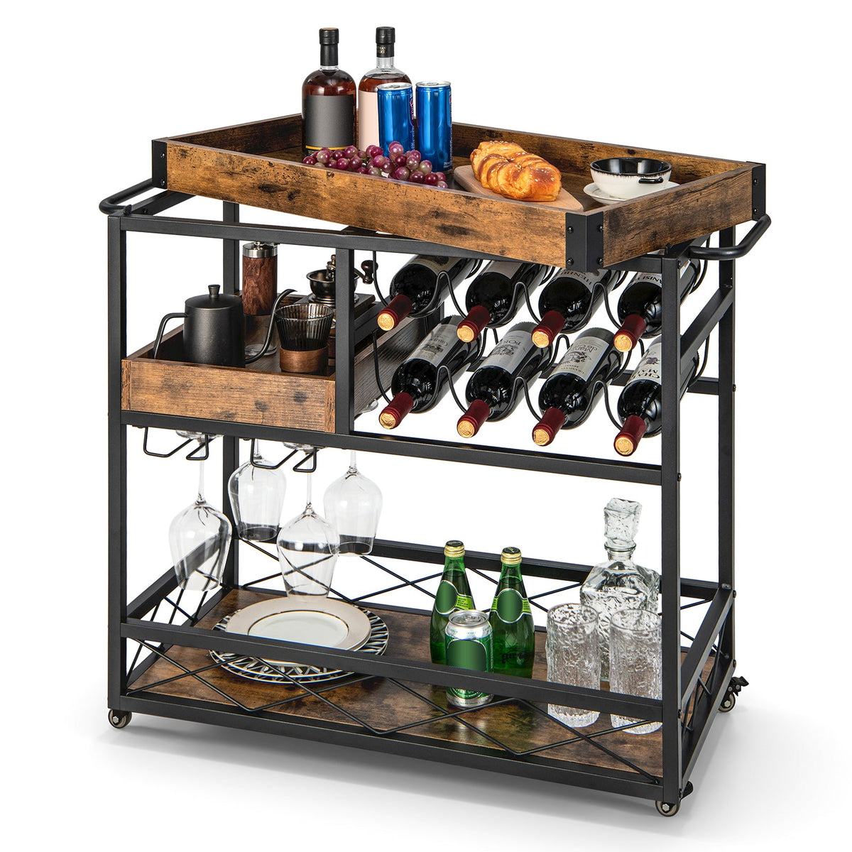 3-Tier Rolling Bar Cart with Removable Tray and Wine Rack-Rustic Brown