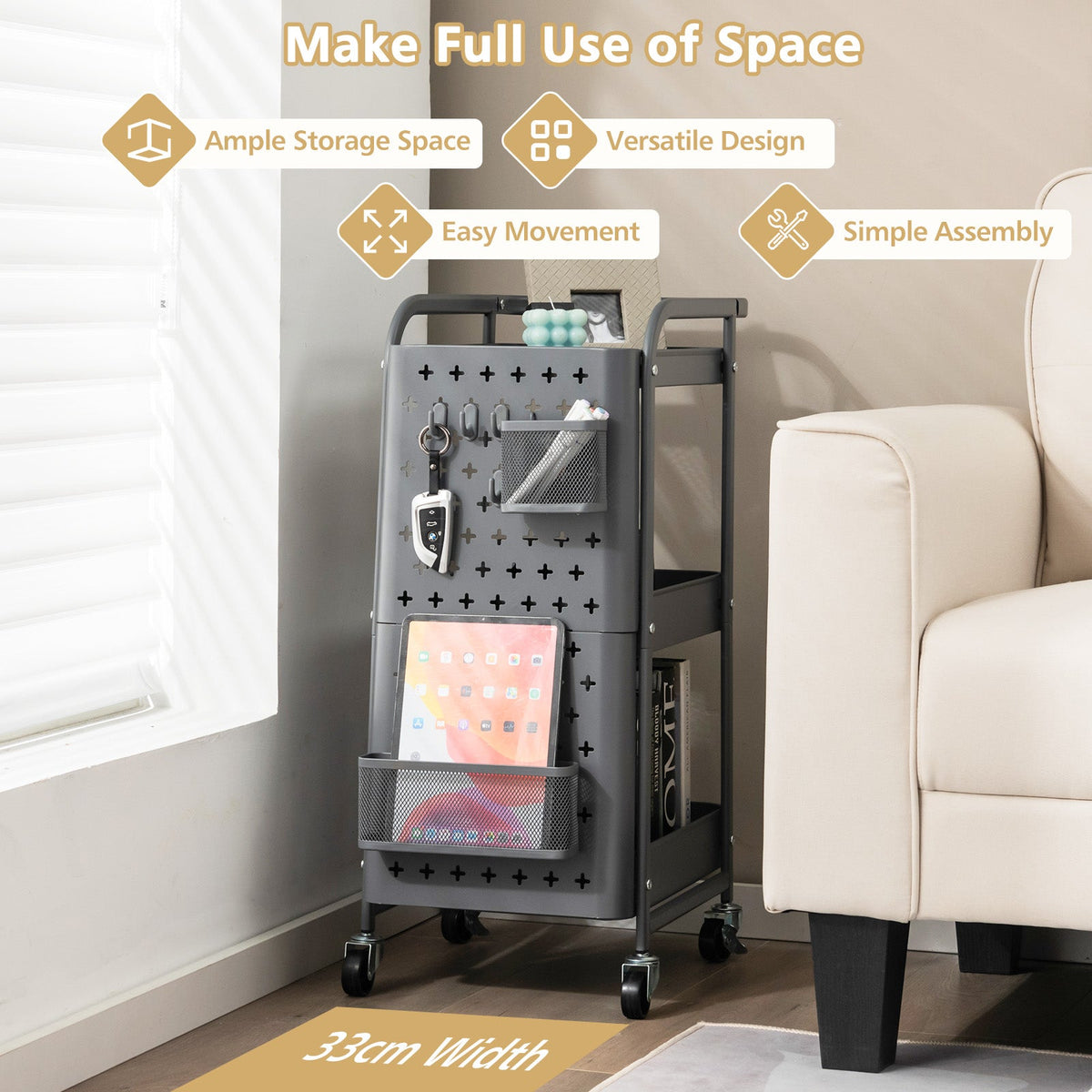 3-Tier Utility Storage Cart with DIY Pegboard Baskets