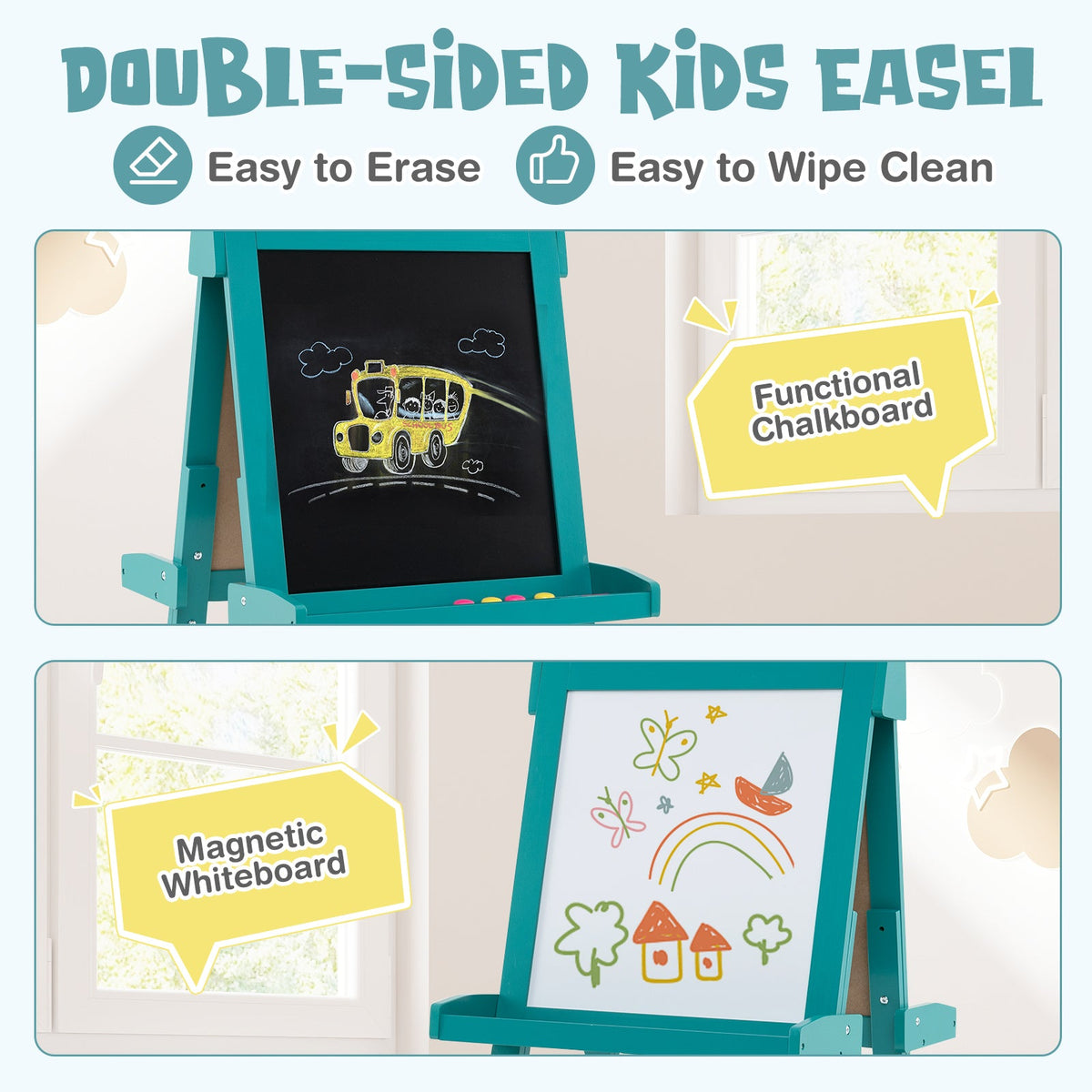 3-in-1 Double-sided Art Easel with Chalkboard and Magnetic Whiteboard