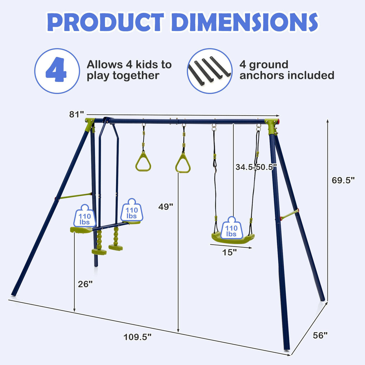 3-in-1 Outdoor Swing Set for Kids Aged 3 to 10