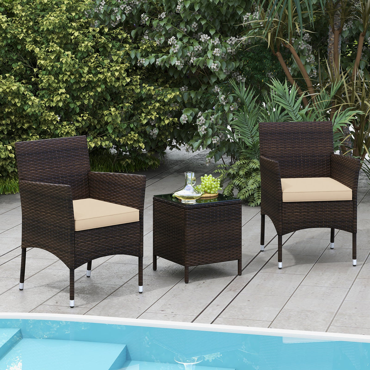 3 Pieces Outdoor Conversation Set with Cushioned Seat and Glass Tabletop