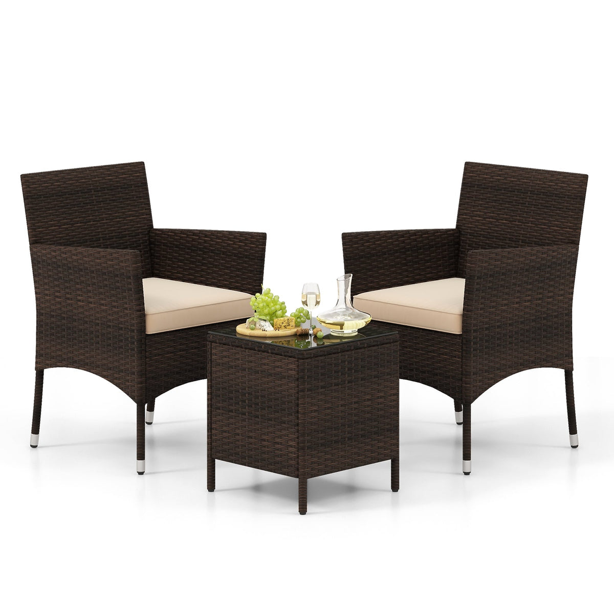 3 Pieces Outdoor Conversation Set with Cushioned Seat and Glass Tabletop