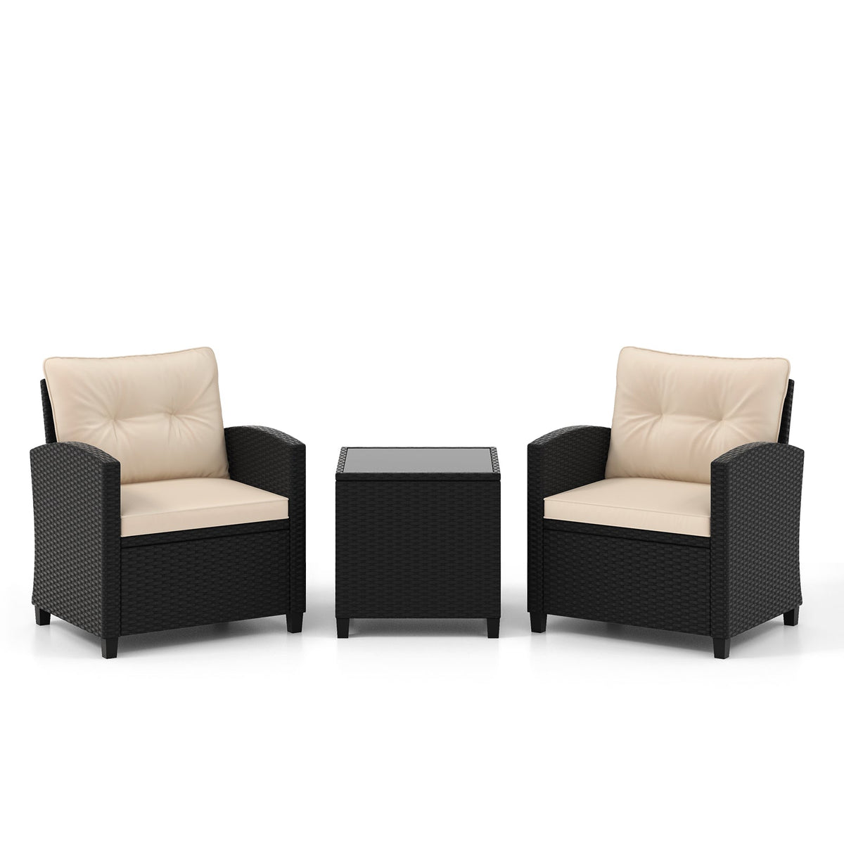 3 Pieces Patio Furniture Set with Tempered Glass Coffee Table