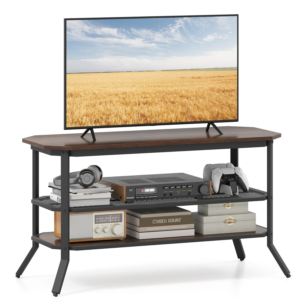 3-tier Console Table TV Stand with Mesh Storage Shelf-Rustic Brown