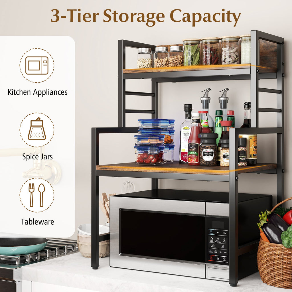 3-Tier Microwave Stand with 2 Open Shelves and Heavy-duty Metal Frame-Rustic Brown
