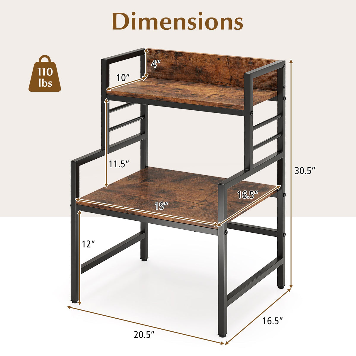 3-Tier Microwave Stand with 2 Open Shelves and Heavy-duty Metal Frame-Rustic Brown