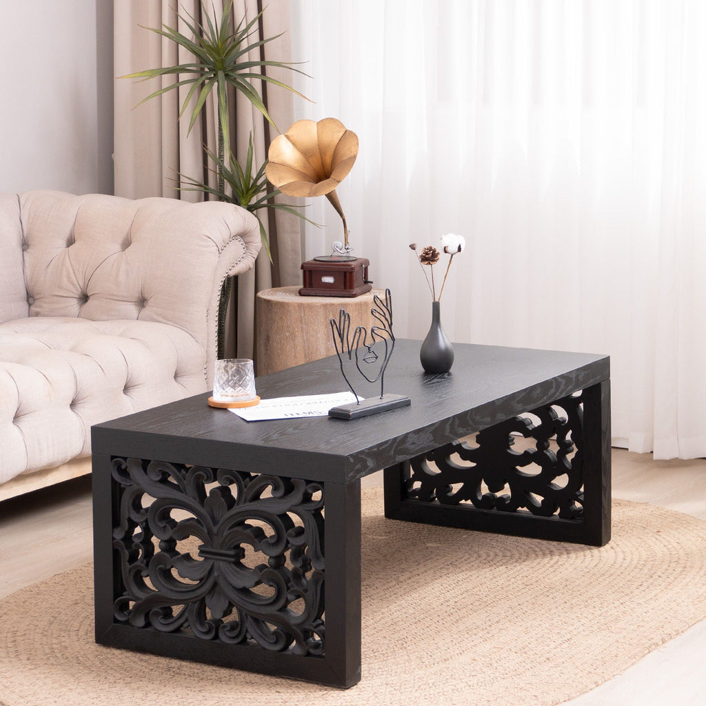 Rustic Carved Wood Coffee Table, Handcrafted Look With Ornate Side Panels