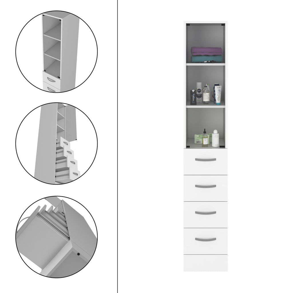 Linen Cabinet, 3 Shelves, 4 Drawers And Metal Handles - White