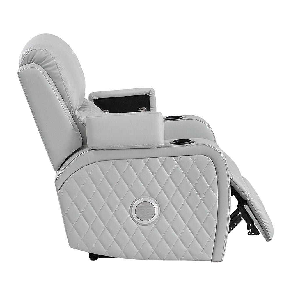 Elonzo - Power Motion Recliner With LED, Power Headrest & Speaker - Light Gray