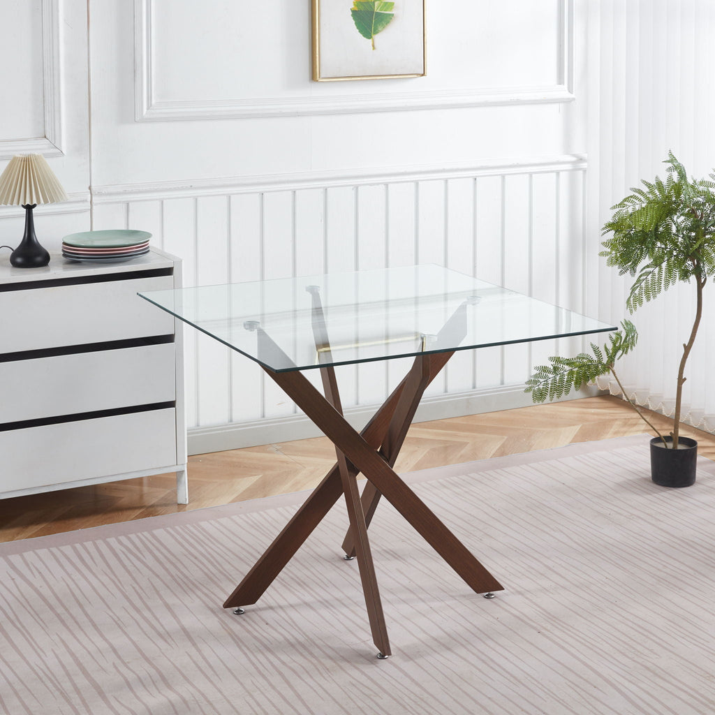 Dining Table With Cross Metal Leg And Tempered Glass, Modern Space Saving Kitchen Table For Living Room Legs, Square Table
