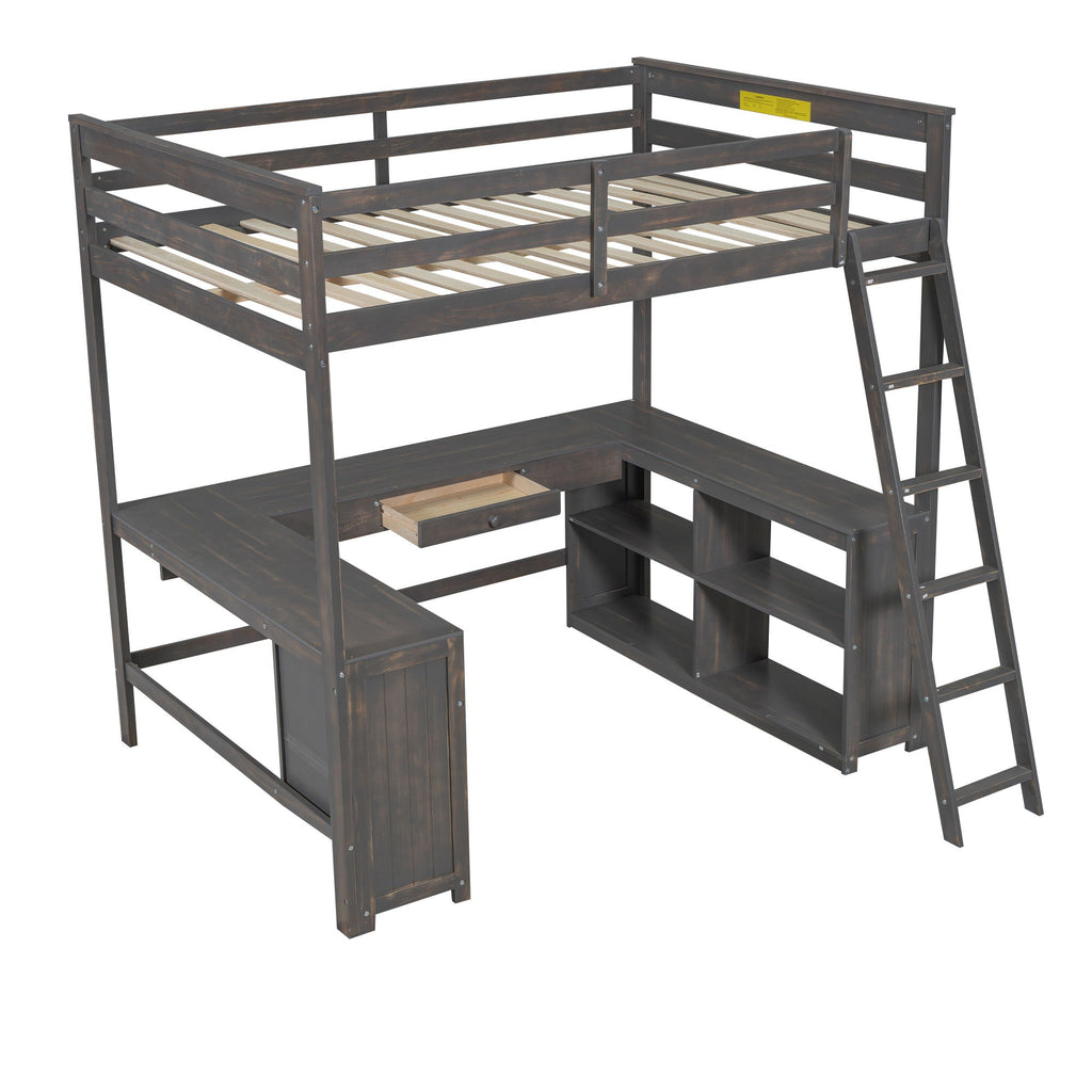 Loft Bed With U-Shaped Desk, Drawers, And Storage Shelves