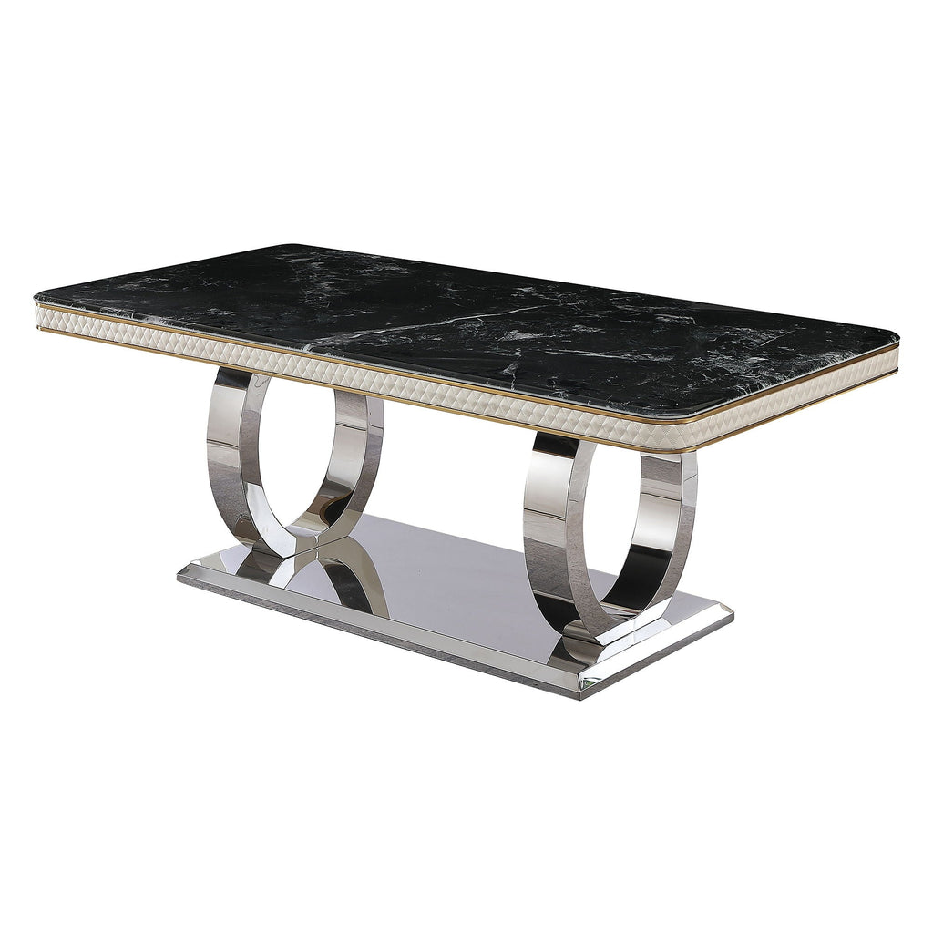 Luxury Modern Dining Table With Faux Marble Top And Dual Circle Base - Black