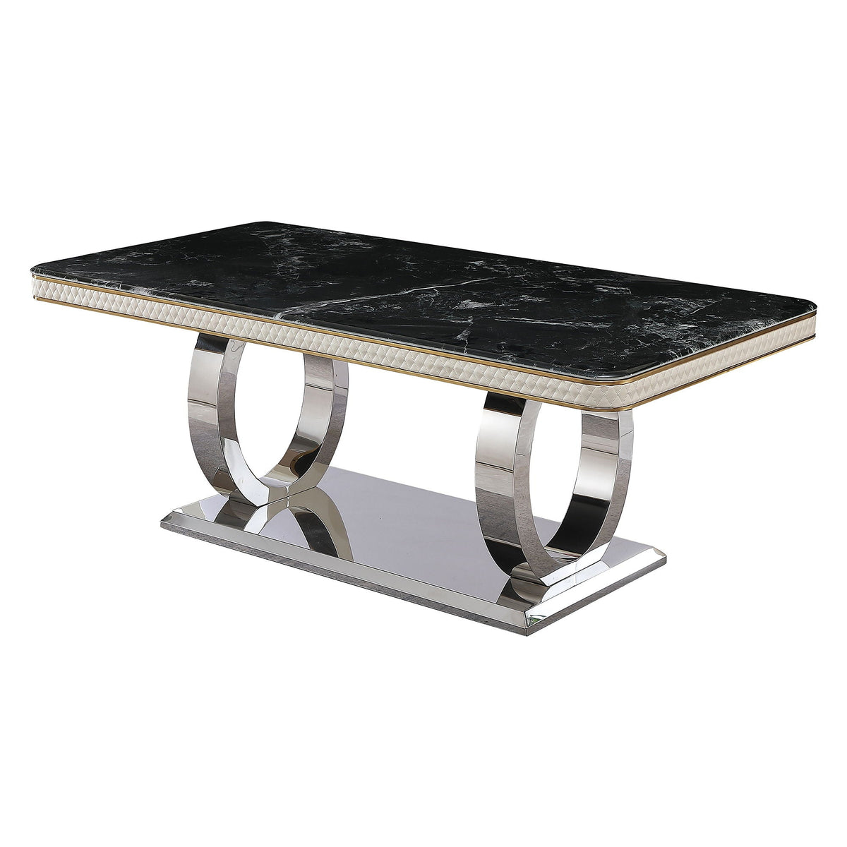 Luxury Modern Dining Table With Faux Marble Top And Dual Circle Base - Black