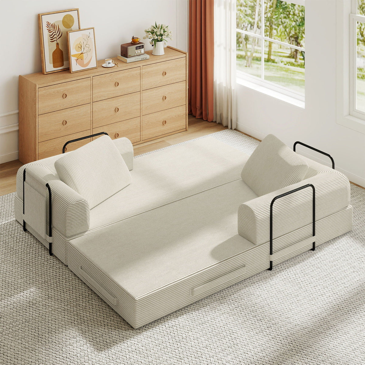 Convertible Sleeper Sofa Bed With Cylindrical Pillow, Fixed Shape Frame