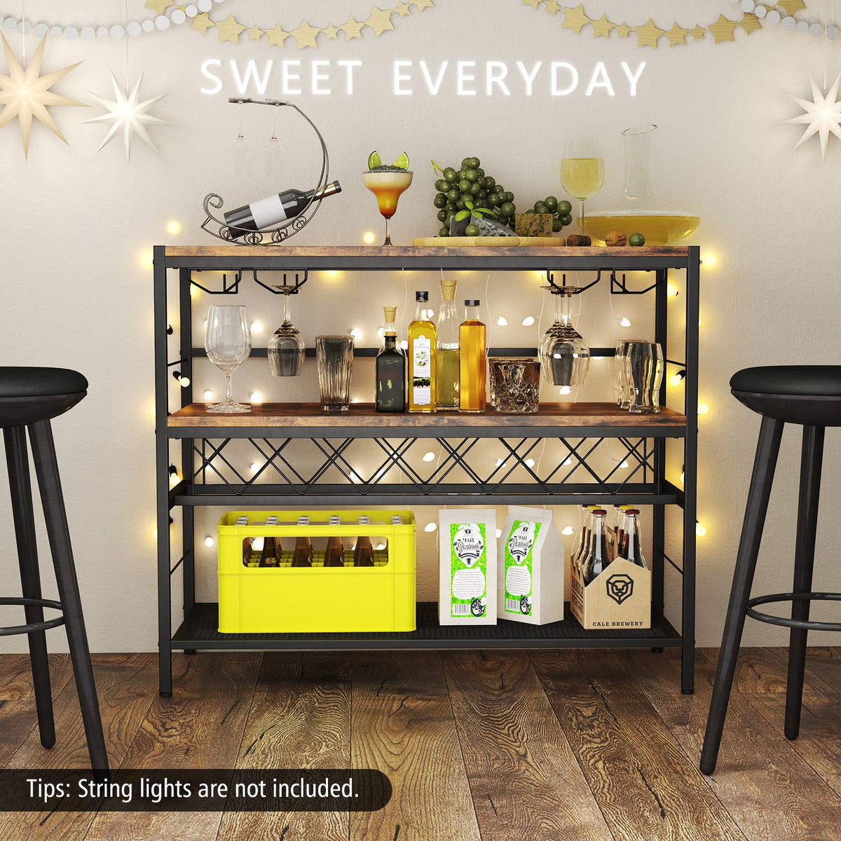 41 Inch 4-Tier Bar Table with Wine Rack and 4 Rows of Glass Holders-Rustic Brown