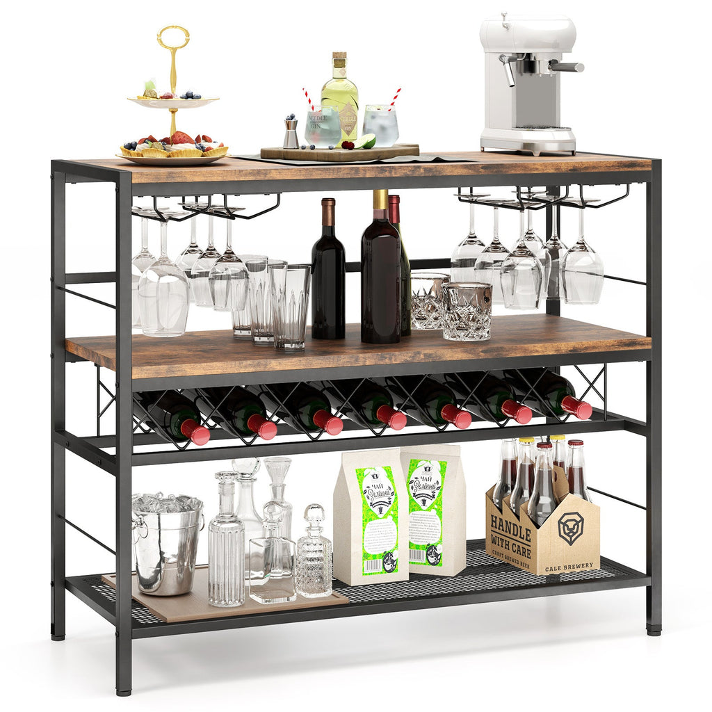 41 Inch 4-Tier Bar Table with Wine Rack and 4 Rows of Glass Holders-Rustic Brown