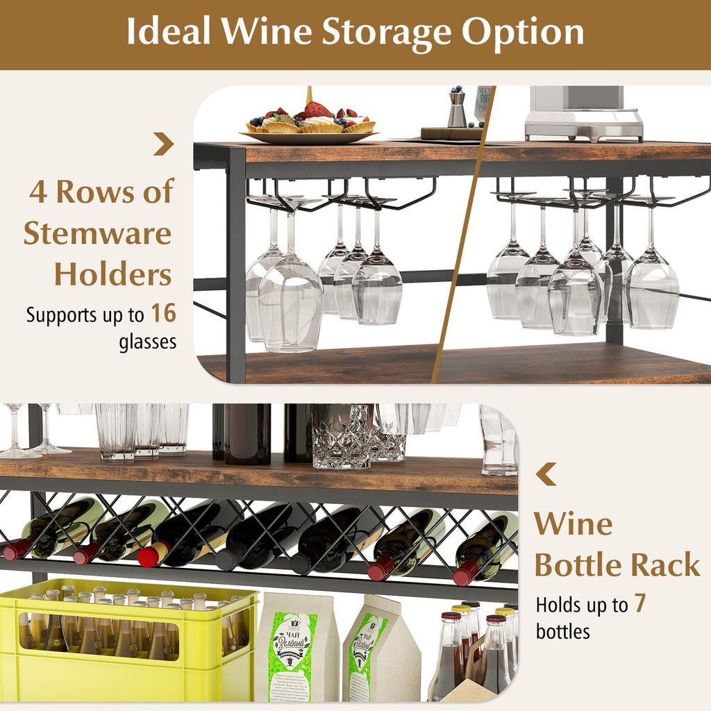 41 Inch 4-Tier Bar Table with Wine Rack and 4 Rows of Glass Holders-Rustic Brown