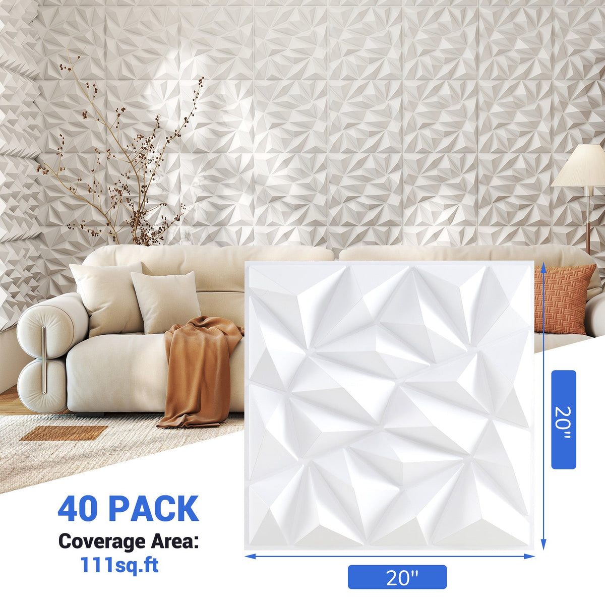 40-Pack 3D Wall Panels with Decorative Diamond Patterns-White