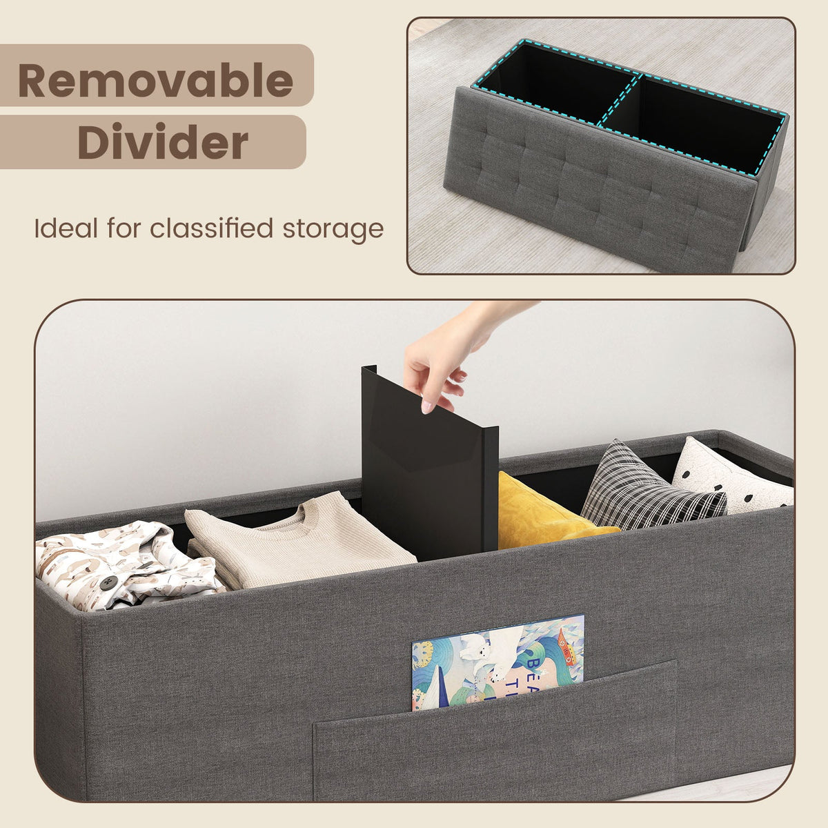 43 Inches Folding Storage Ottoman Bench Linen End of Bed Bench with Padded Seat