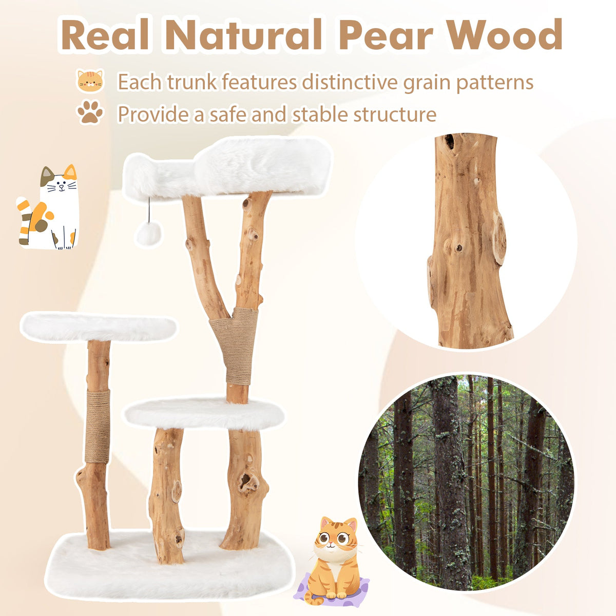 44 Inch Solid Wood Cat Tree with Perch and Natural Jute Scratching Posts-White