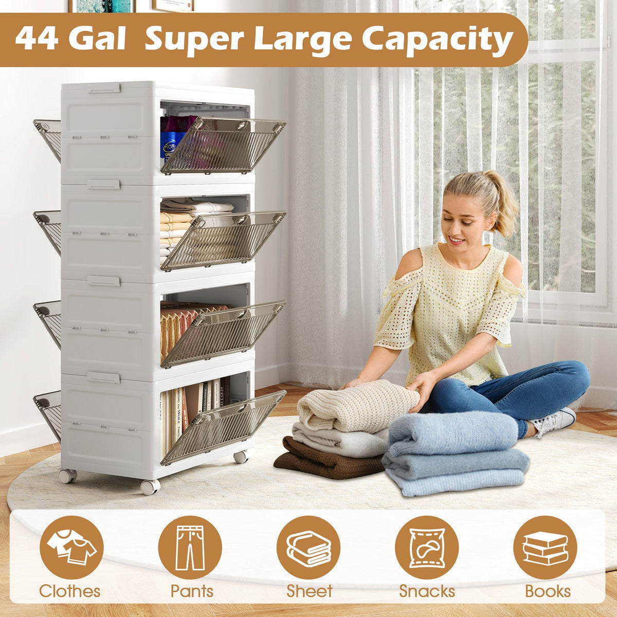 44 Gal 4-Pack Stackable Plastic Storage Bins with Lid for Bedroom Living Room-White