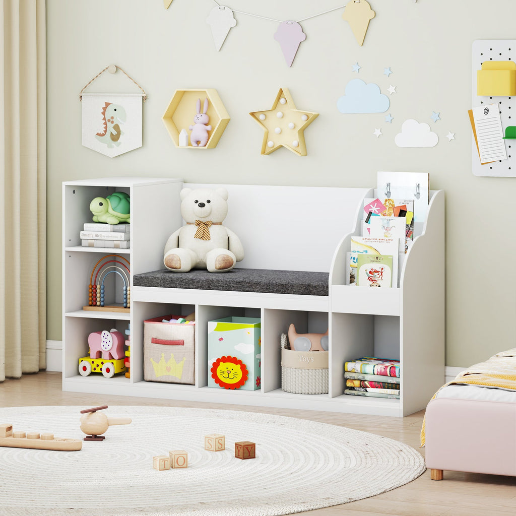 Kids Bookcase with Reading Nook 3-in-1 Standing Toy Organizer-White
