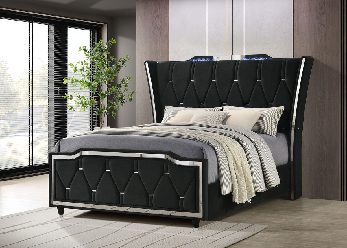 Lorient Queen LED Upholstered Wingback Bed Black
