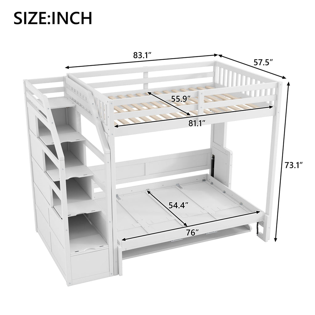 Full Long Loft Bed With Storage Staircase, Murphy Bed, LED Light - White
