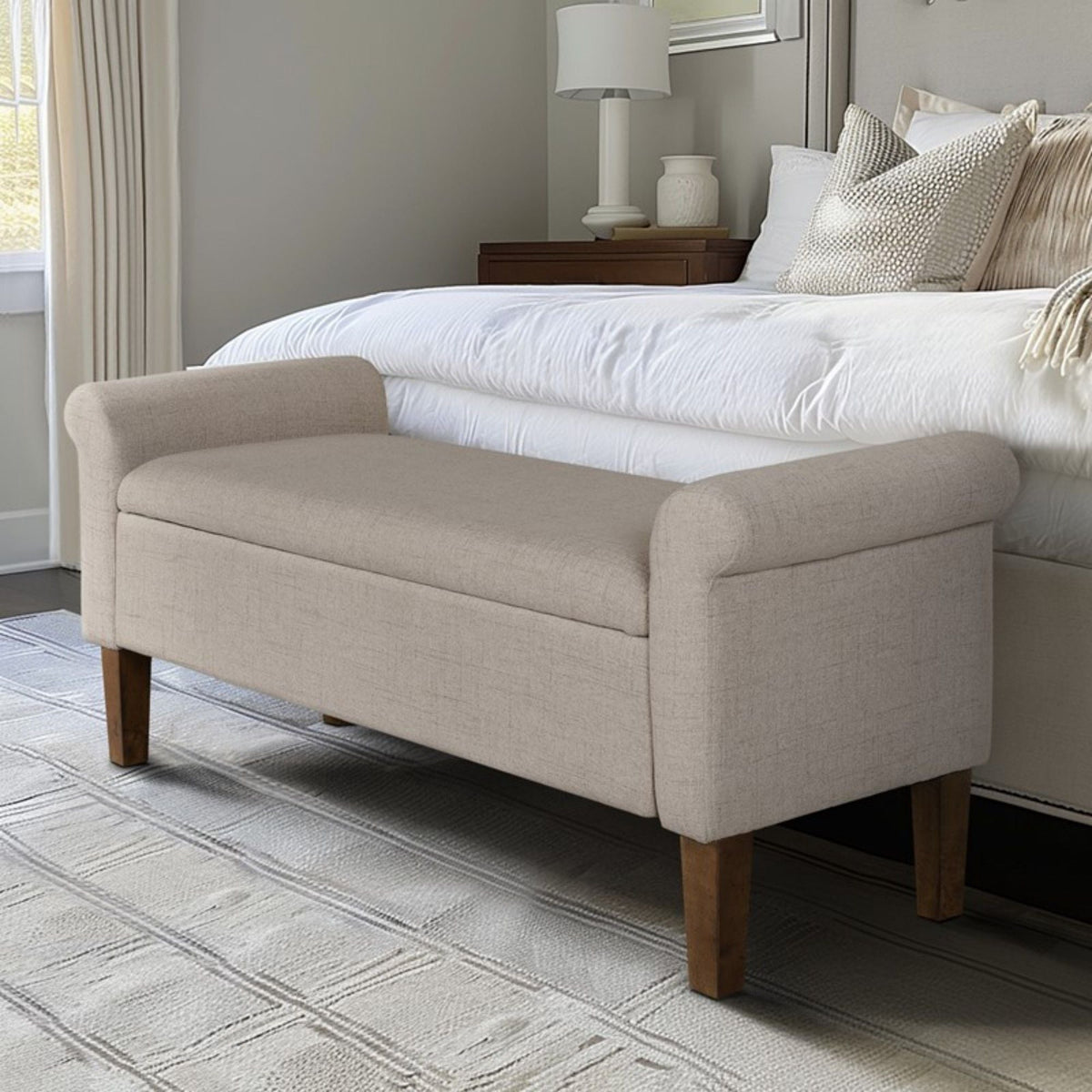 Upholstered Storage Bench With Rolled Armrests - Beige