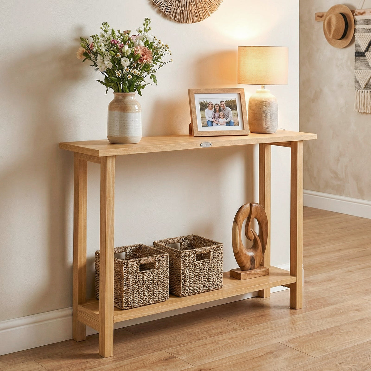 47 Inch Solid Wood Console Table with Teak Wood Frame and Storage Shelf