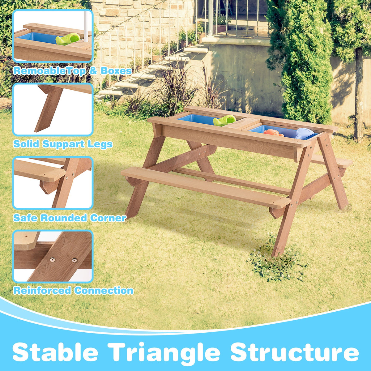 3-In-1 Kids Outdoor Wooden Picnic Table With Umbrella, Convertible Sand & Water, ASTM & CPSIA Certification