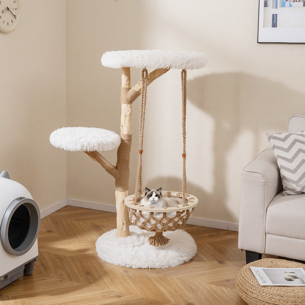 48.5 Inch Solid Wood Cat Tree with Hanging Cradle and Jute Scratching Post-White