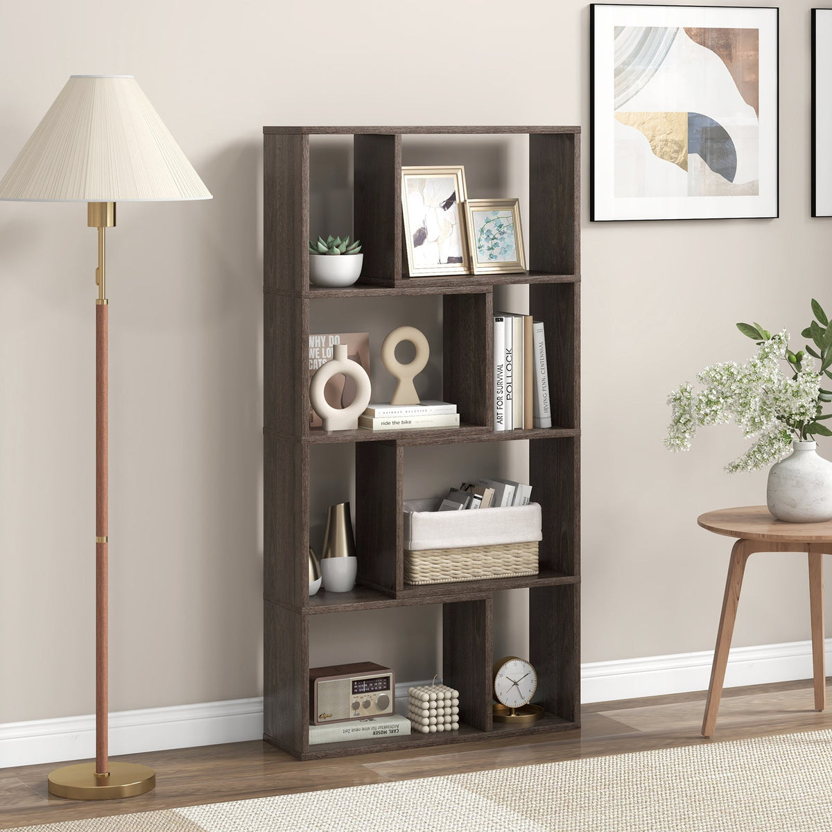 48 Inch 4-Tier Geometric Bookshelf with 8 Cubes for Living Room Bedroom