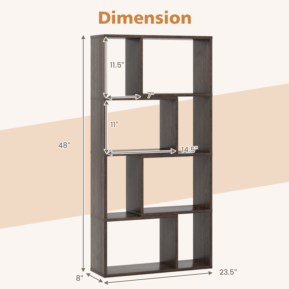 48 Inch 4-Tier Geometric Bookshelf with 8 Cubes for Living Room Bedroom