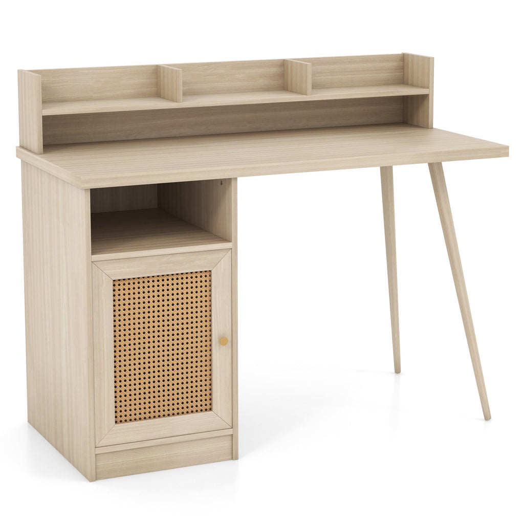 48 Inch Computer Desk with Hutch and PE Rattan Cabinet Shelves