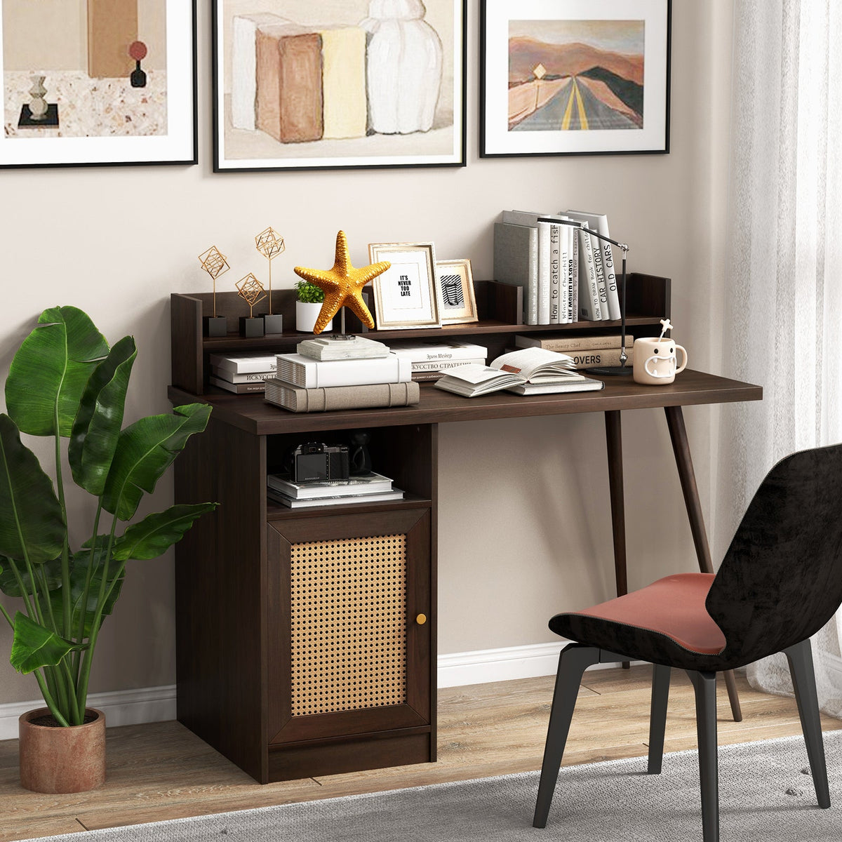 48 Inch Computer Desk with Hutch and PE Rattan Cabinet Shelves