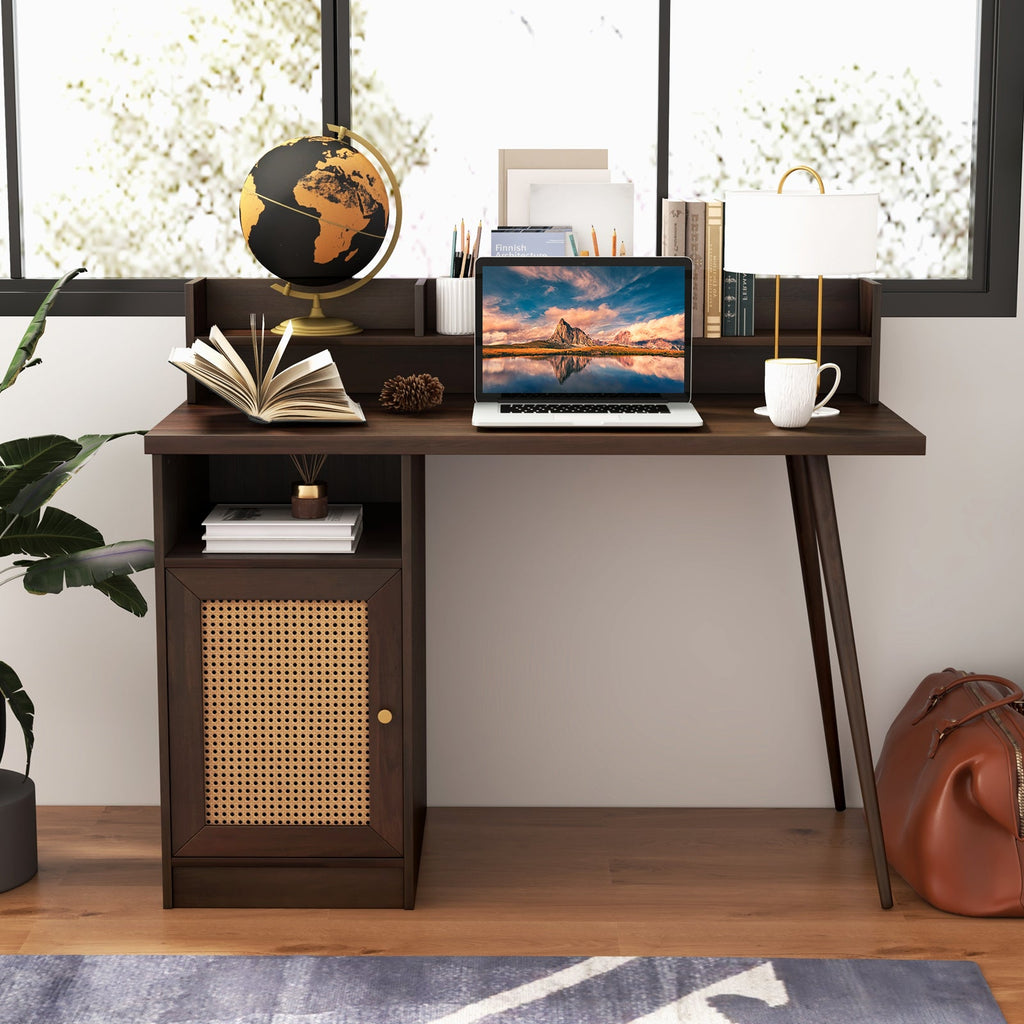 48 Inch Computer Desk with Hutch and PE Rattan Cabinet Shelves