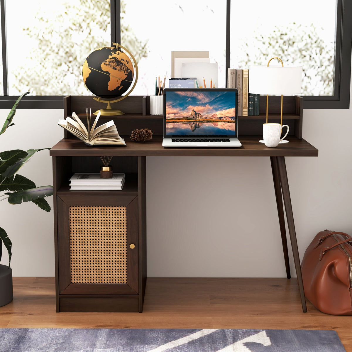 48 Inch Computer Desk with Hutch and PE Rattan Cabinet Shelves