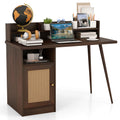 48 Inch Computer Desk with Hutch and PE Rattan Cabinet Shelves