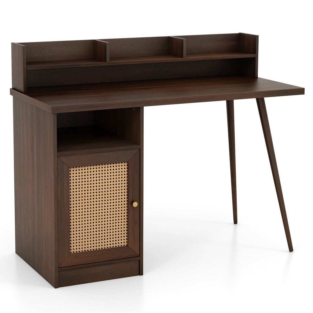 48 Inch Computer Desk with Hutch and PE Rattan Cabinet Shelves