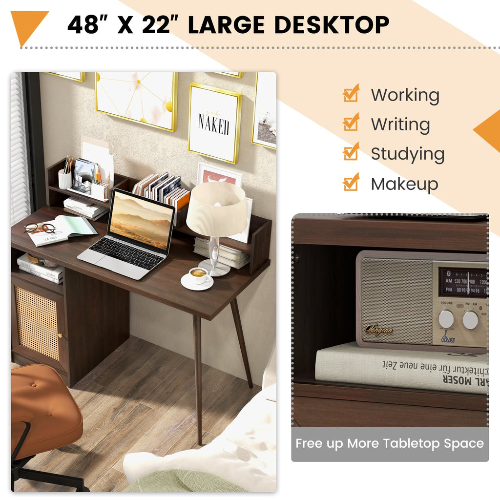 48 Inch Computer Desk with Hutch and PE Rattan Cabinet Shelves