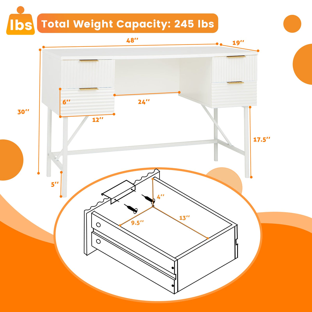 48 Inch Home Office Computer Desk with 4 Drawers-White