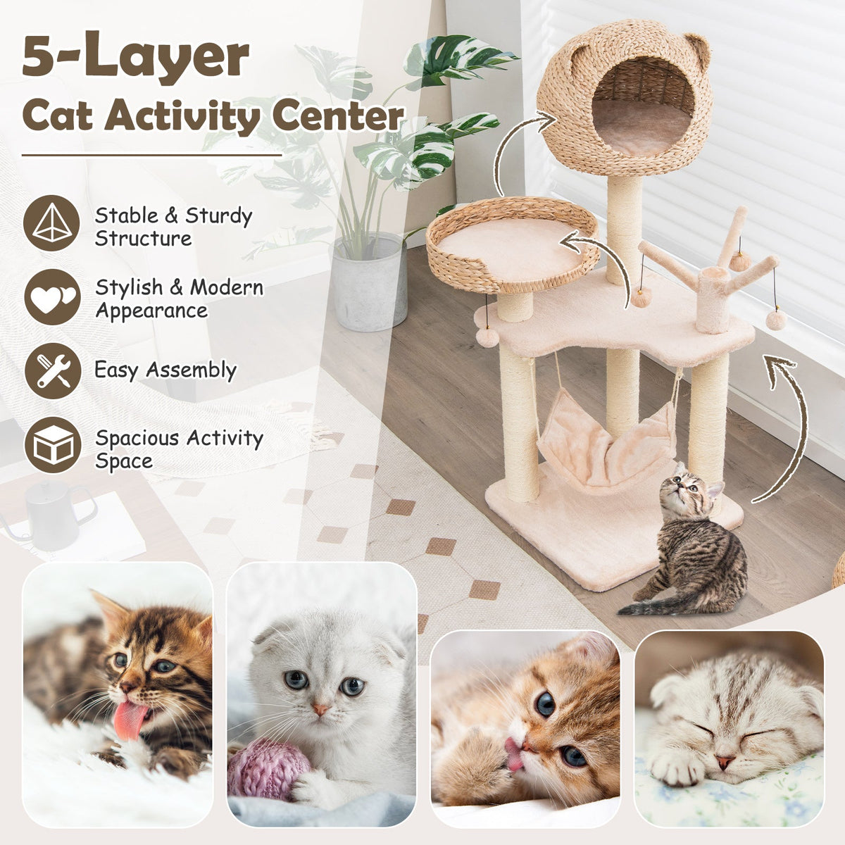 Multi-Level Cat Tree with Condo Hammock and Rotatable Hanging Balls-Natural