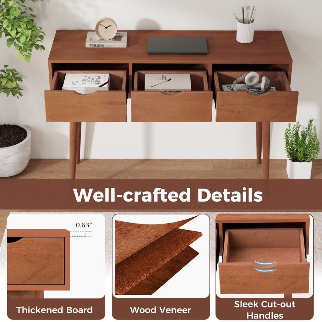 48 Inch Writing Computer Desk with 3 Drawers Solid Wood Legs-Walnut