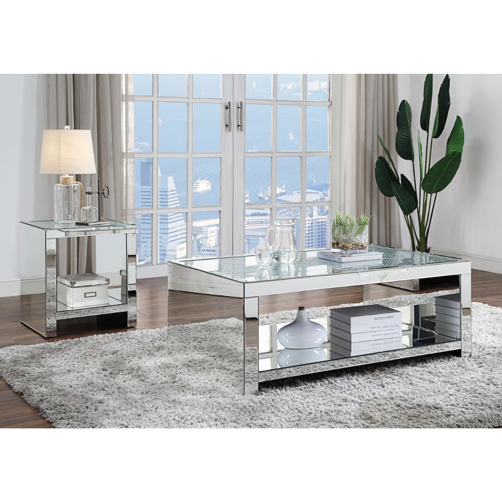 Noralie - Coffee Table - Clear Glass, Mirrored & Faux Diamonds