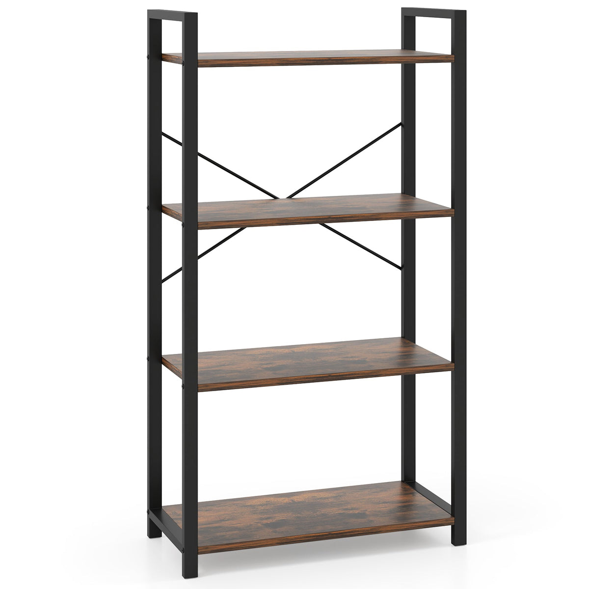 4-Tier Bookshelf with Heavy Duty Metal Frame Industrial Display Shelf-Rustic Brown