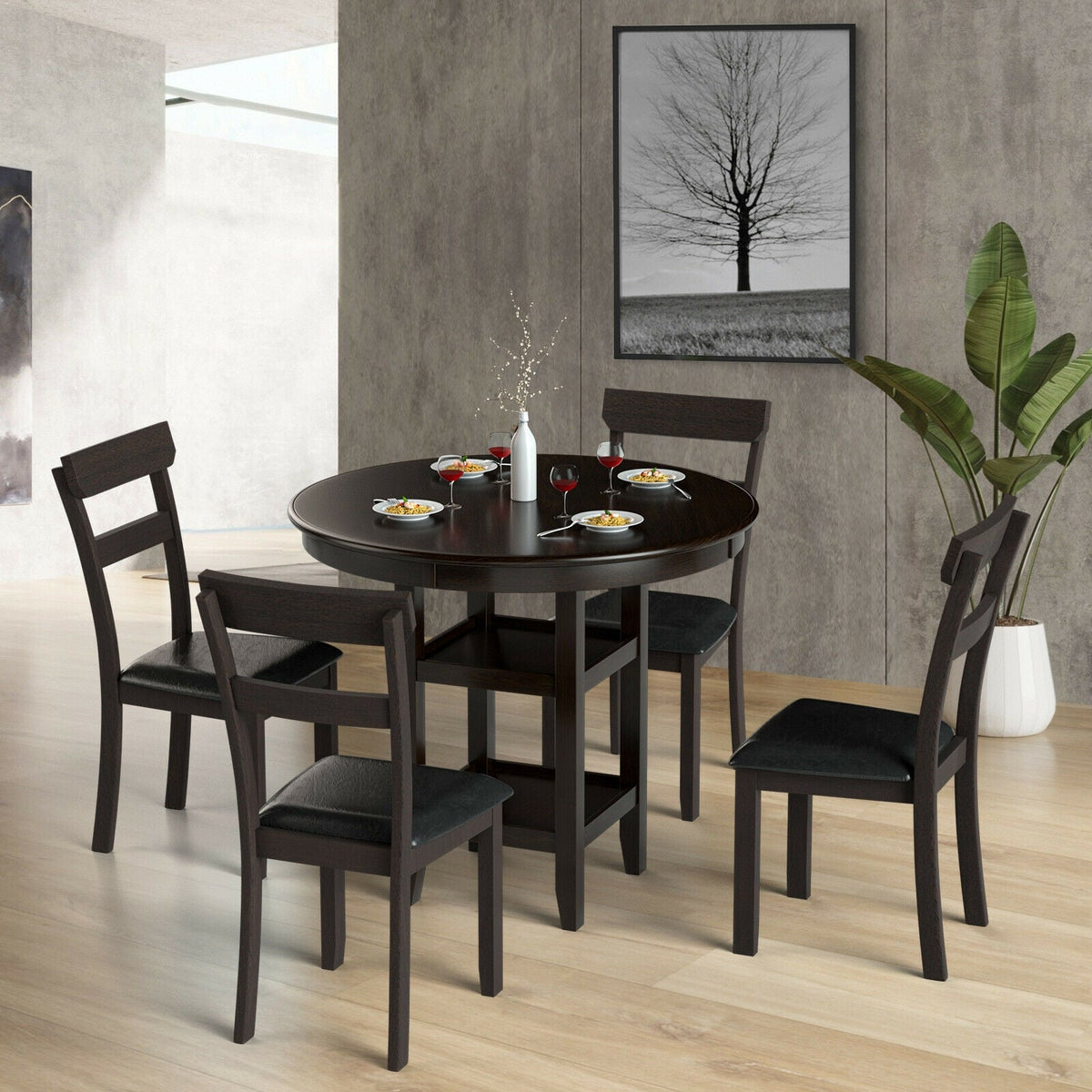 Set of 2 Dining Chairs With Rubber Wood Frame and Upholstered Faux Leather Seat
